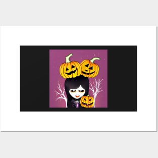 Gothy Witch Girl with Pumpkin Friends In Halloween Cheer Posters and Art